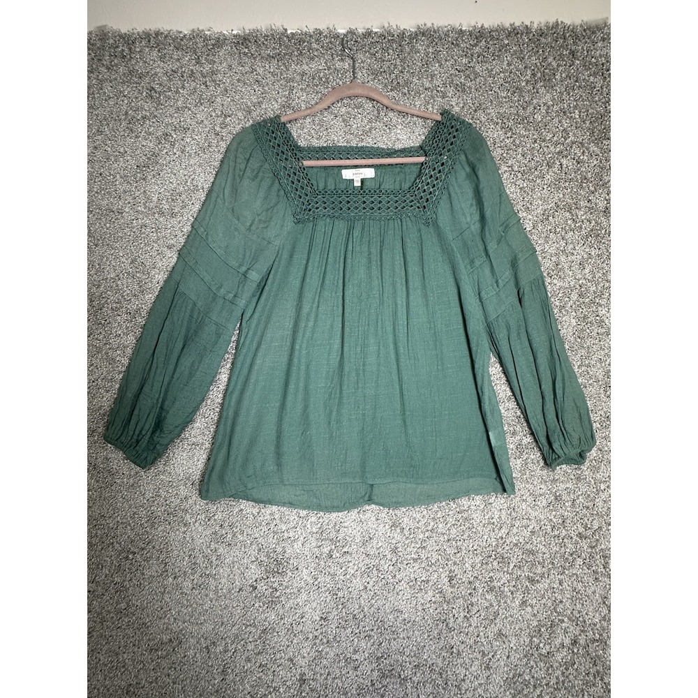 Entro Green Boho Lace Trim Square Neck Blouse Long Sleeve Womens Small‎